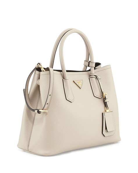 prada saffiano cuir small double bag light gray pomice